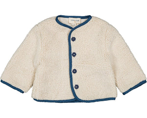 The Louis Louise Baby Boys' and Boys' Teddy Bear Fake Fur Jacket features cream-colored sherpa with blue trim and buttons, fully lined for comfort, shown flat on a white background.