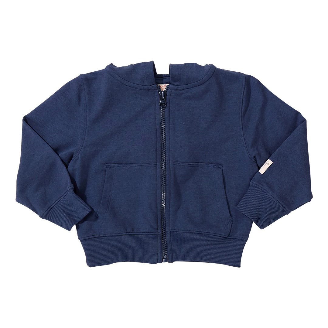 The Kids’ Jax Hoodie by Coop Kids PC—a navy blue French Terry zip-up with long sleeves, two front pockets, and ribbed waistband and cuffs—is shown laid flat on a white background.