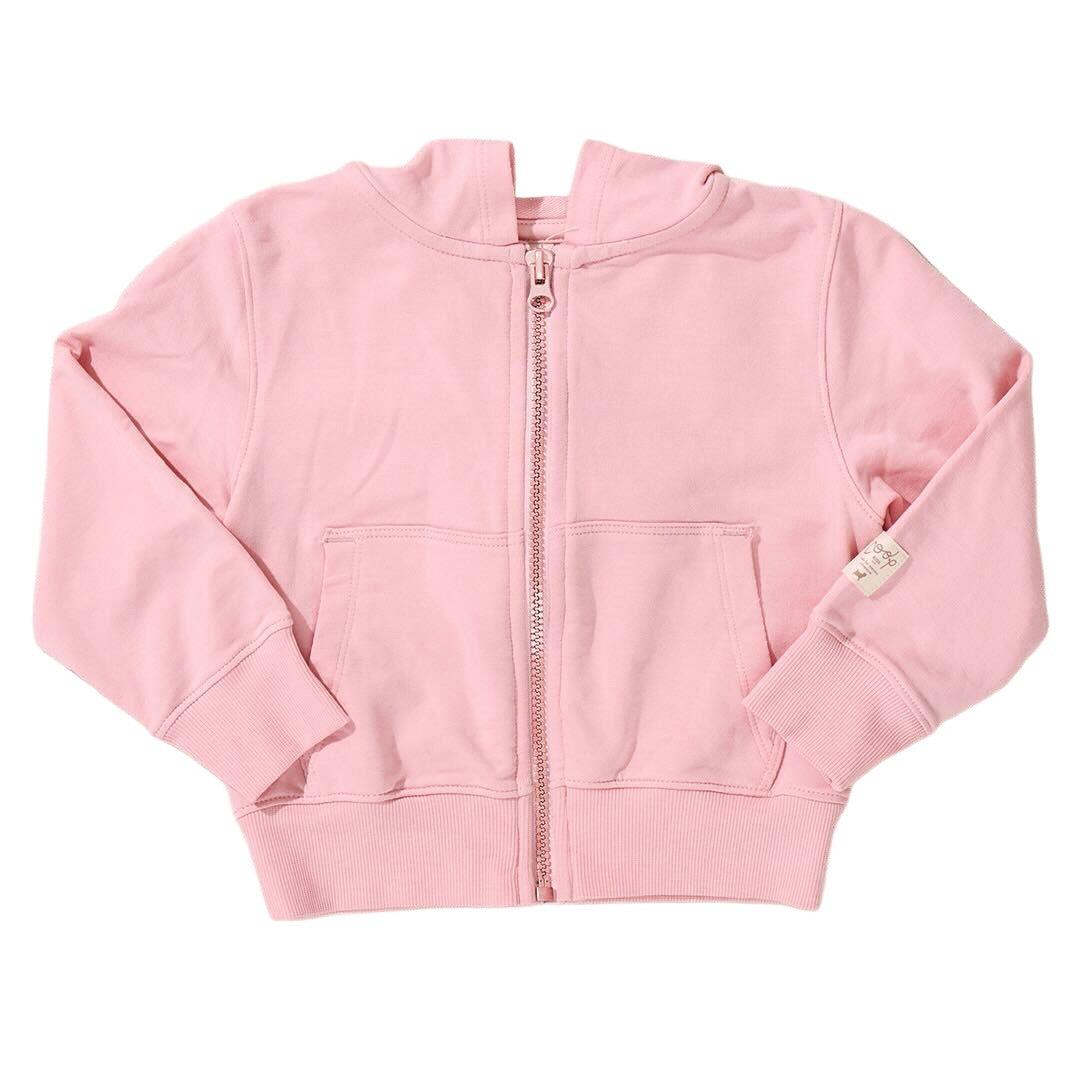 The Kids’ Jax Hoodie by Coop Kids PC is a light pink French Terry zip-up with long sleeves, front pockets, and a small tag on the left pocket, shown laid flat on a white background.