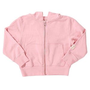 The Kids’ Jax Hoodie by Coop Kids PC is a light pink French Terry zip-up with long sleeves, front pockets, and a small tag on the left pocket, shown laid flat on a white background.