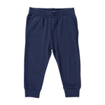 Coop Kids PC Boys’ Jax Jogger toddler sweatpants in navy blue, featuring an elastic waistband, two side pockets, and ribbed cuffs, laid flat on a white background.