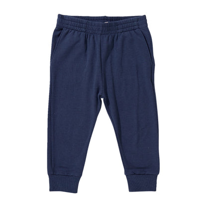Coop Kids PC Boys’ Jax Jogger toddler sweatpants in navy blue, featuring an elastic waistband, two side pockets, and ribbed cuffs, laid flat on a white background.