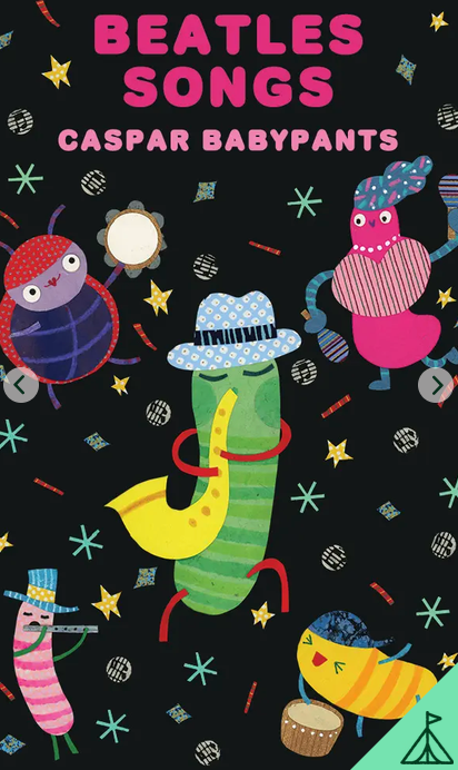 A lively child-friendly scene features colorful cartoon animals wearing hats and playing instruments on a black background. At the top, playful pink and red text displays “Beatles Songs” and “Yoto Card: Beatles Songs” by Yoto.