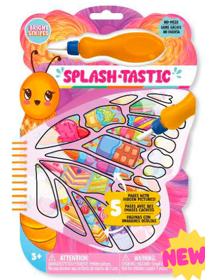 The Bright Stripes Splash-Tastic Butterfly is a children’s activity set that includes a magic water coloring pen and a colorful, no-mess activity pad labeled “SPLASH-TASTIC,” where hidden images like butterflies are revealed with water. The packaging features a cartoon character and displays a “NEW” label.