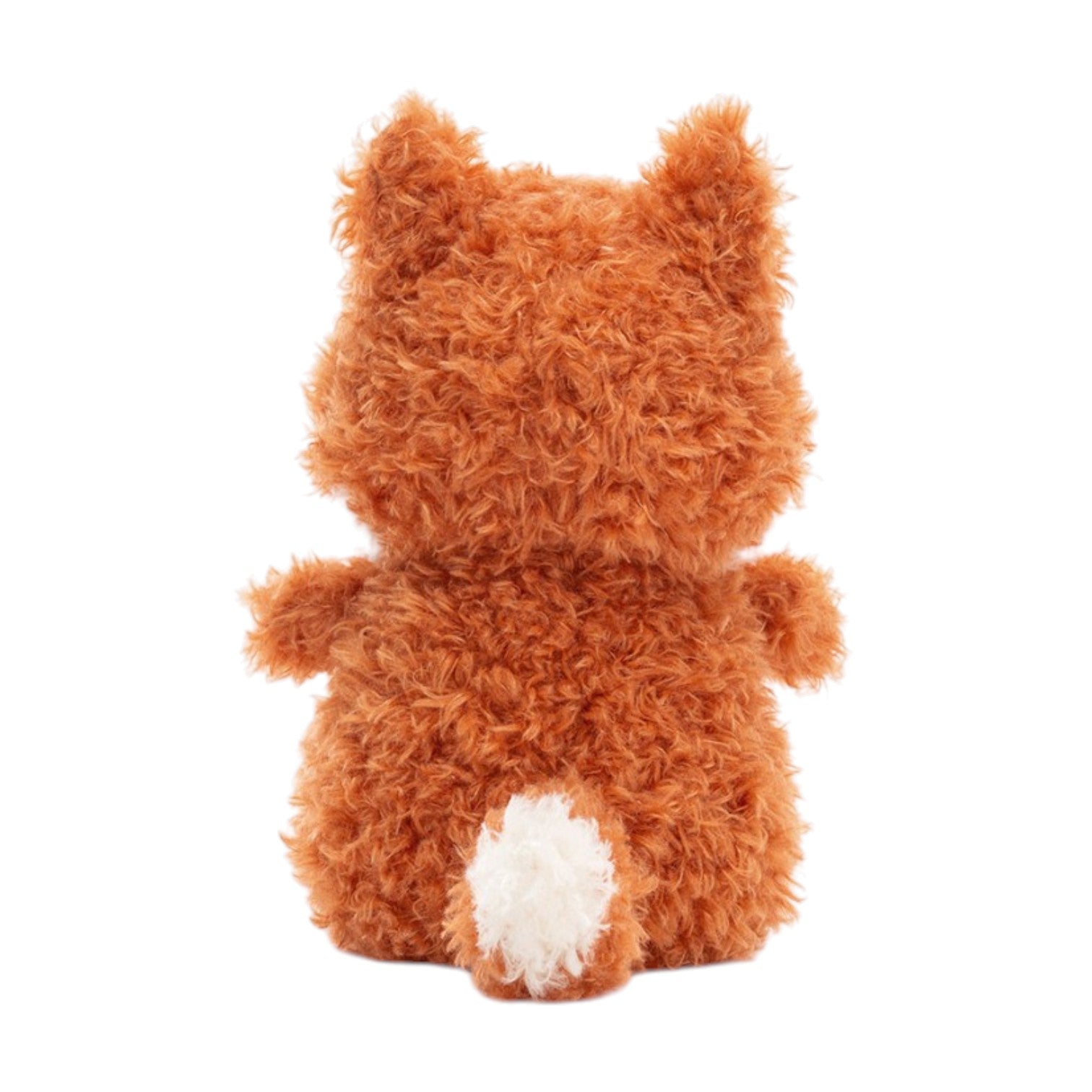 A soft orange plush toy, the Jellycat Little Fox, is shown from behind with petite ears and a white-tipped tail, sitting against a white background.