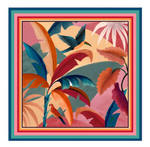 The Atlantic Rain Forest Light Pink Sarong by Farm Rio features colorful tropical plants and flowers with two birds on a warm abstract background, bordered by multicolored stripes—perfect to pair with tropical swimwear.