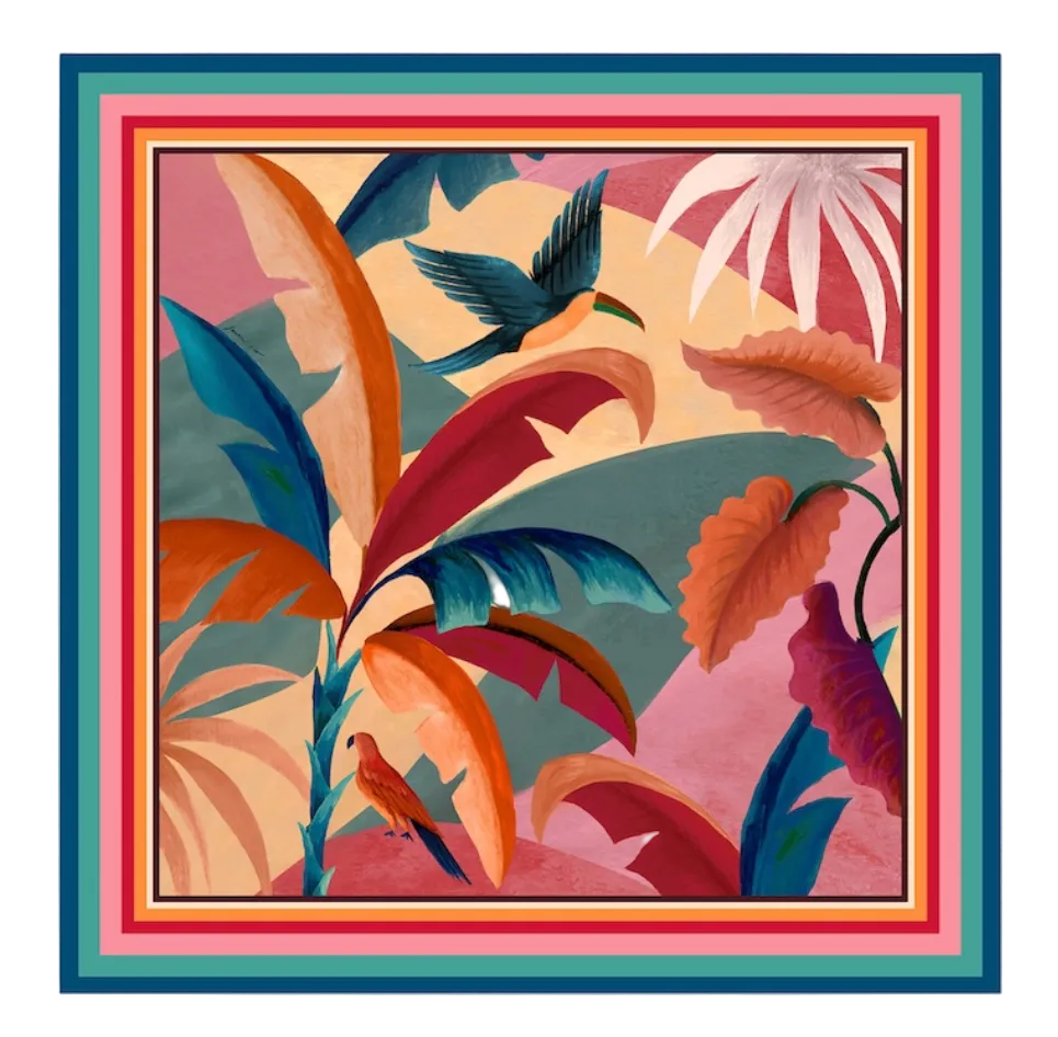 The Atlantic Rain Forest Light Pink Sarong by Farm Rio features colorful tropical plants and flowers with two birds on a warm abstract background, bordered by multicolored stripes—perfect to pair with tropical swimwear.