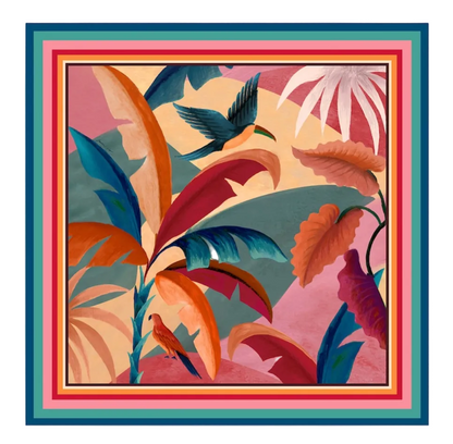 The Atlantic Rain Forest Light Pink Sarong by Farm Rio features colorful tropical plants and flowers with two birds on a warm abstract background, bordered by multicolored stripes—perfect to pair with tropical swimwear.