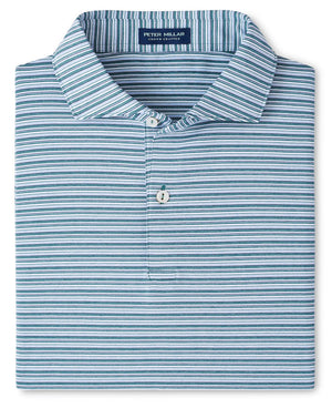 The Peter Millar Chase Performance Jersey Polo is a folded blue and white striped collared shirt with two buttons, featuring UPF 50+ sun protection and a "Peter Millar" label inside the neckline.