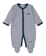Dress your little one in the Kissy Kissy Baby Boys’ Rescue Raid Striped Footie, featuring long sleeves, navy and white stripes with navy trim, and adorable embroidered fire truck and police car motifs. This cozy footed sleeper offers a convenient front snap closure for easy diaper changes.