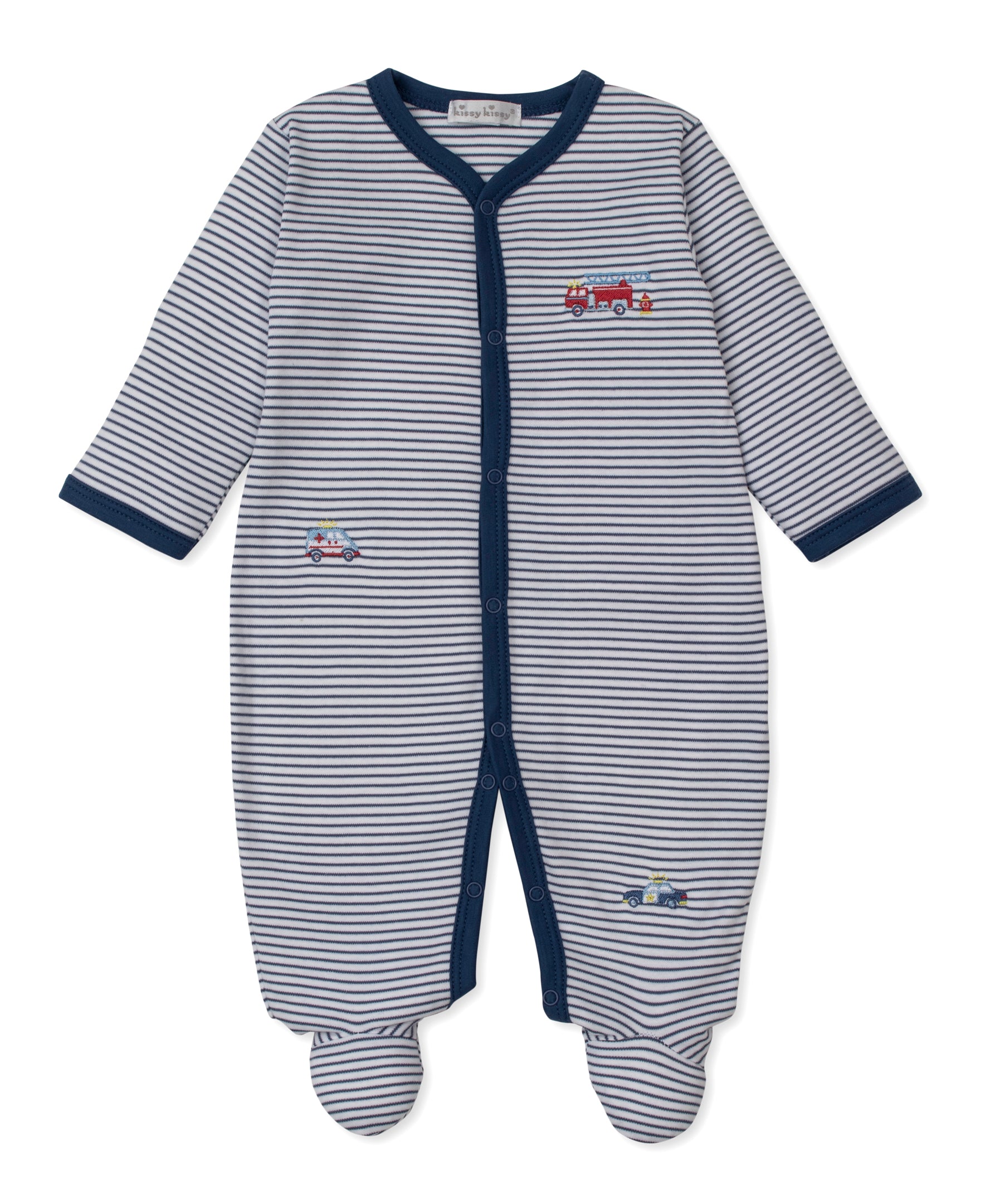 Dress your little one in the Kissy Kissy Baby Boys’ Rescue Raid Striped Footie, featuring long sleeves, navy and white stripes with navy trim, and adorable embroidered fire truck and police car motifs. This cozy footed sleeper offers a convenient front snap closure for easy diaper changes.