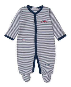 Dress your little one in the Kissy Kissy Baby Boys’ Rescue Raid Striped Footie, featuring long sleeves, navy and white stripes with navy trim, and adorable embroidered fire truck and police car motifs. This cozy footed sleeper offers a convenient front snap closure for easy diaper changes.