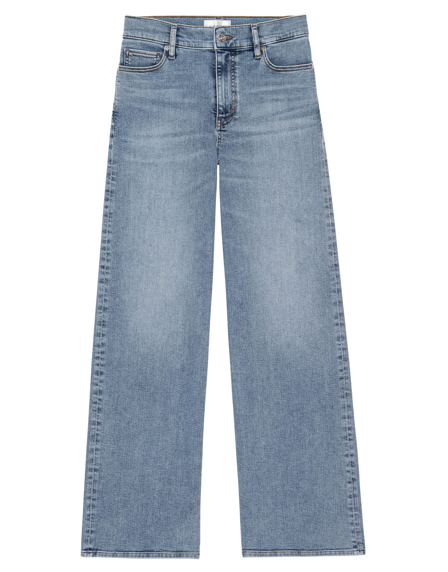 The Le Slim Palazzo by Frame are light blue, high-rise palazzo pants made from sustainable cotton with front and back pockets, displayed flat on a white background.