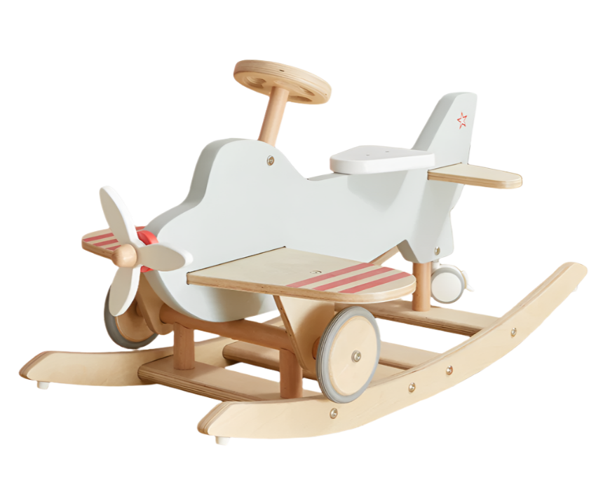 The Asweets Airplane Ride-On & Rocker, a charming creation by Asweets, showcases red-striped wings and a spinning propeller, making it an enchanting ride-on for babies.