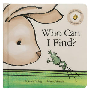 Who Can I Find Book by Jellycat with a bunny and frog on the front page.