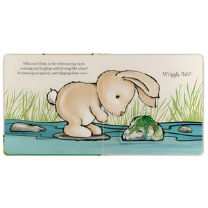 Who Can I Find Book by Jellycat with a bunny looking for fish in a pond with book text.