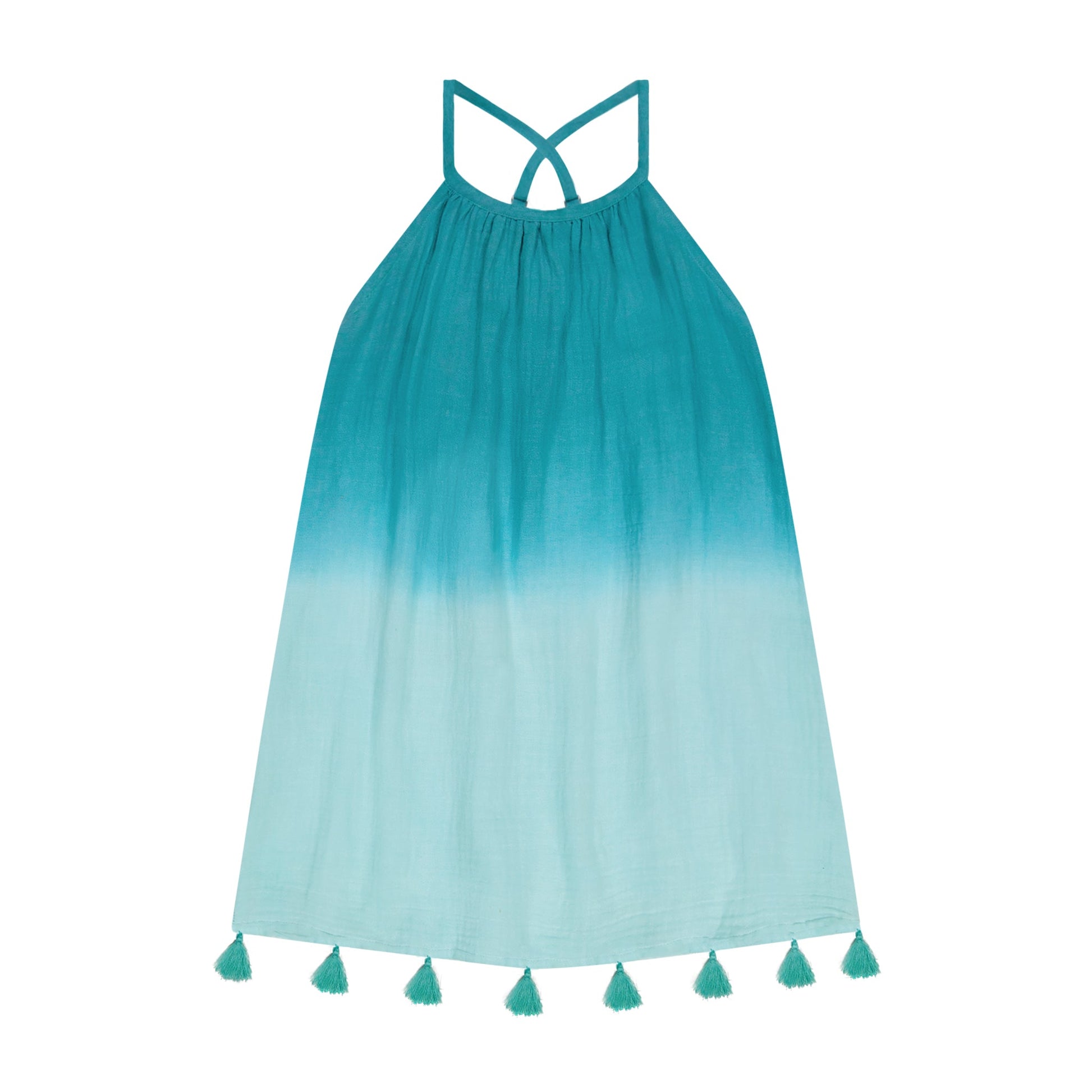 Girls’ Mini Chantal Dress by Mer in a sleeveless teal and light blue gradient design, featuring a strappy back and tassels along the hem, displayed on a white background.