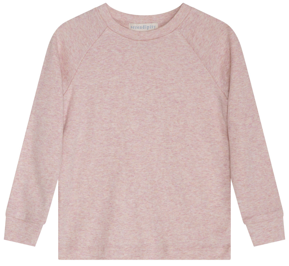 Serendipity Kids’ Rib Solid Raglan Tee in light pink, featuring long sleeves, a crew neck, and ribbed cuffs, made from soft GOTS certified organic cotton and shown against a plain white background.