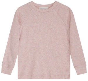 Serendipity Kids’ Rib Solid Raglan Tee in light pink, featuring long sleeves, a crew neck, and ribbed cuffs, made from soft GOTS certified organic cotton and shown against a plain white background.