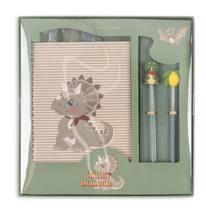 My Stationary Box containing an A5 notebook and two glitter gel pens topped with a triceratops and a lemon, all labeled “Totally Dinomite.”.