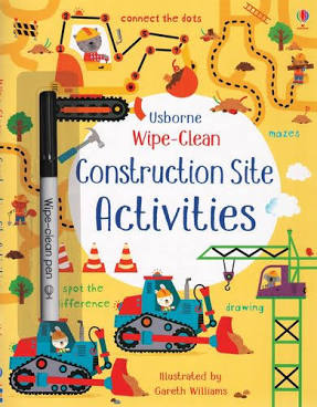 Harper Collins' "Wipe-Clean Construction Site Activities" children’s activity book features construction vehicles, workers, wipe-clean pages for pen control practice, and comes with a removable wipe-clean pen.
