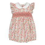 The Kidiwi Baby Girls' Julyne Smocked Girl Romper features a white Peter Pan collar, short ruffled sleeves, pink and green floral print, and charming smocking detail across the chest.
