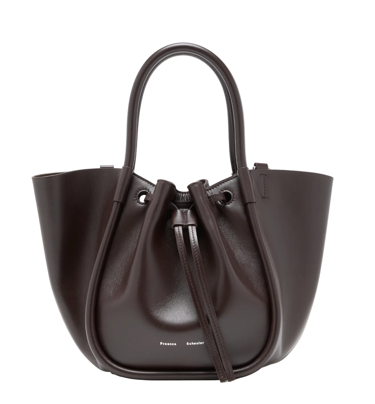 Small Ruched Soft Shiny Tote by Proenza Schouler in dark brown leather, featuring a sculptural silhouette, dual handles, ruched drawstring closure, and small white brand text at the bottom front.