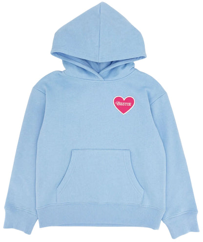 The Girls’ Hadley Bestie Hoody by Feather 4 Arrow is a light blue sweatshirt made from cozy fabric, featuring a front kangaroo pocket and a red heart patch on the chest that says “BESTIE.”.