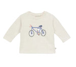 The Arsene & Les Pipelettes Baby Boys' Bicycle T-Shirt is a white, long-sleeve cotton tee for babies featuring a blue bicycle graphic on the front, crafted from breathable fabric and shown against a plain background.