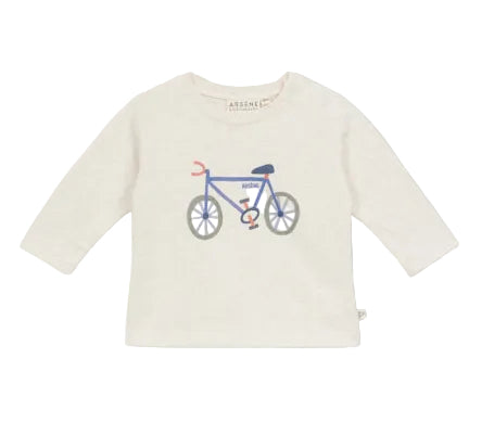 The Arsene & Les Pipelettes Baby Boys' Bicycle T-Shirt is a white, long-sleeve cotton tee for babies featuring a blue bicycle graphic on the front, crafted from breathable fabric and shown against a plain background.