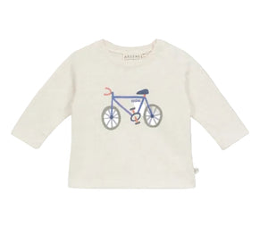 The Arsene & Les Pipelettes Baby Boys' Bicycle T-Shirt is a white, long-sleeve cotton tee for babies featuring a blue bicycle graphic on the front, crafted from breathable fabric and shown against a plain background.