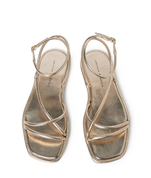 The Loeffler Randall Noor Strappy Ankle Wrap Flat features champagne metallic square toes, thin crisscross straps, and ankle buckles, shown from above.