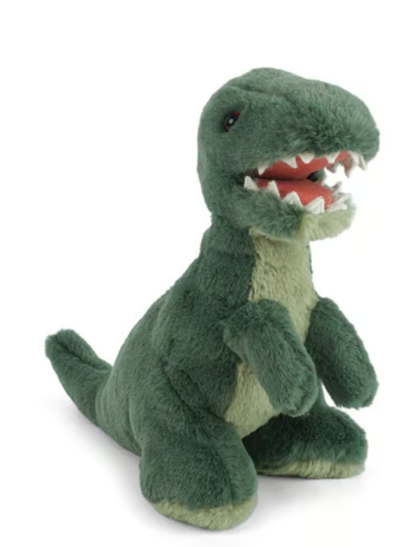 Bruno T-Rex by Mon Ami is a plush green dinosaur toy featuring white teeth, a light green belly, and small arms, shown sitting upright on a white background.