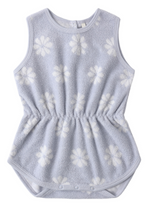 The Rylee & Cru Baby Girls' Cinch Playsuit features a light blue color, periwinkle daisy print, elastic waist, and snap buttons at the bottom.