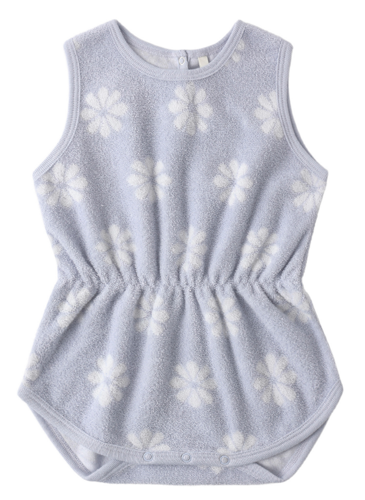 The Rylee & Cru Baby Girls' Cinch Playsuit features a light blue color, periwinkle daisy print, elastic waist, and snap buttons at the bottom.