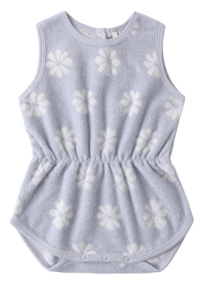 The Rylee & Cru Baby Girls' Cinch Playsuit features a light blue color, periwinkle daisy print, elastic waist, and snap buttons at the bottom.