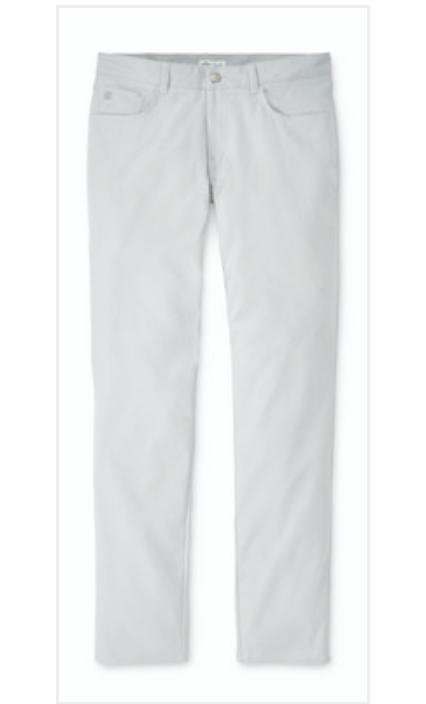 A pair of Peter Millar eb66 Performance Five-Pocket Pants in light grey, featuring moisture-wicking fabric and a straight-leg cut, laid flat on a white background.