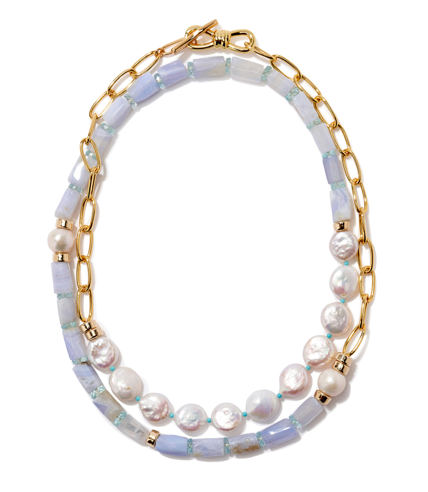 The Porto Covo Necklace by Lizzie Fortunato features a gold-plated brass chain adorned with freshwater pearls, iridescent beads, and light purple rectangular beads.