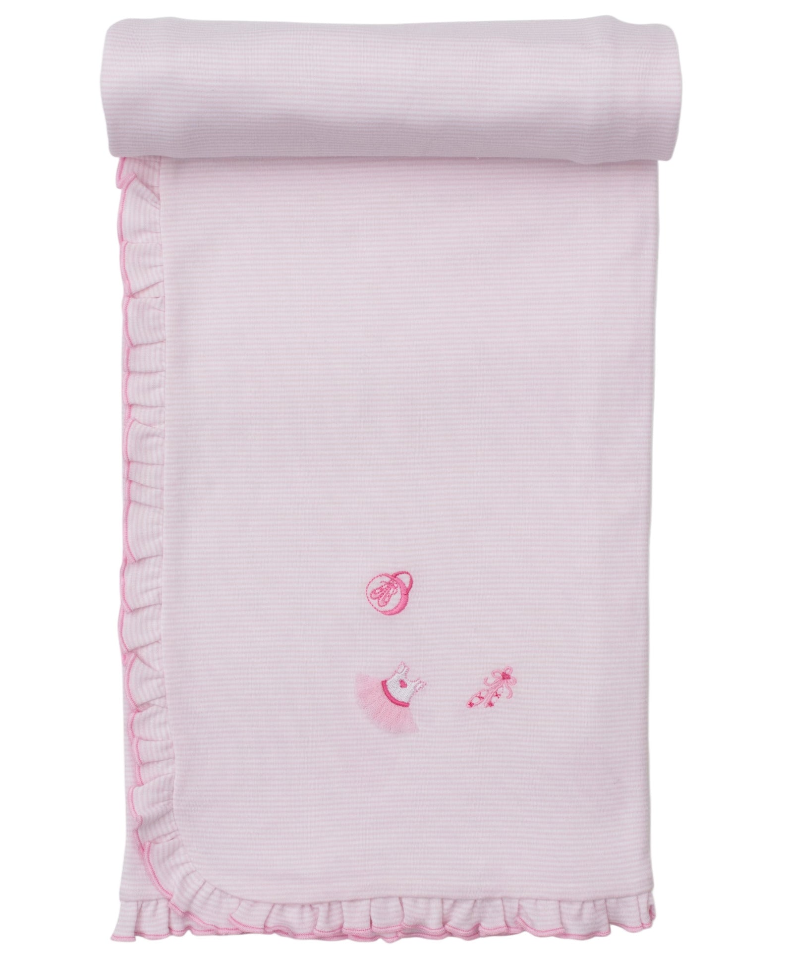 The Kissy Kissy Ready to Dance Striped Blanket features light pink stripes, ruffled edges, and ballet-themed embroidery—a dress, slippers, and a bow—at the center. Made from ultra-soft Pima cotton for cozy comfort.