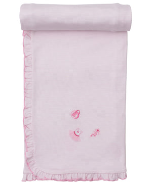 The Kissy Kissy Ready to Dance Striped Blanket features light pink stripes, ruffled edges, and ballet-themed embroidery—a dress, slippers, and a bow—at the center. Made from ultra-soft Pima cotton for cozy comfort.