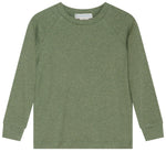 Kids’ Rib Solid Raglan Tee by Serendipity, featuring long sleeves and a crew neck, crafted from soft, heathered olive green organic cotton fabric that is GOTS certified for sustainability, shown laid flat on a white background.