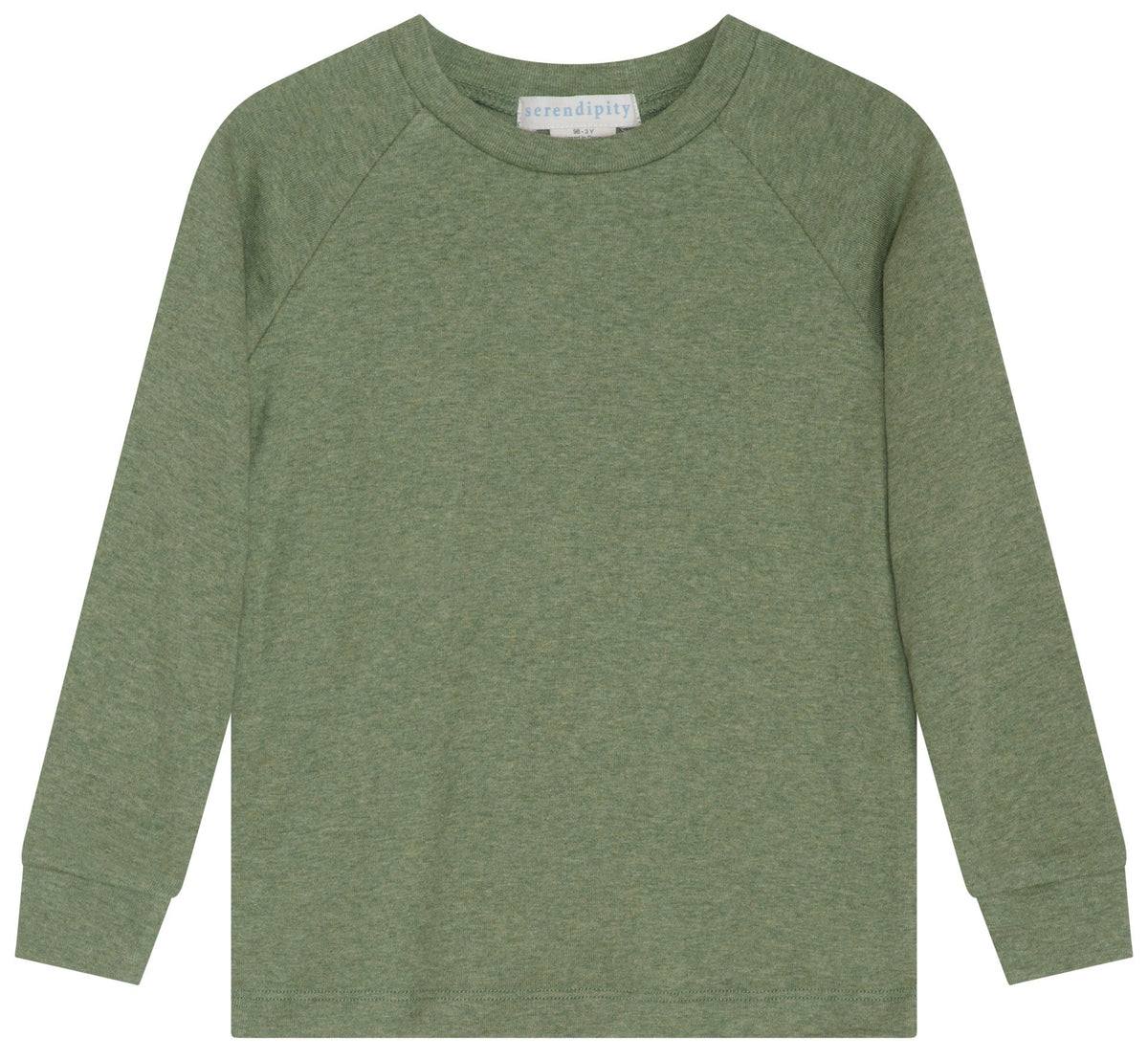 Kids’ Rib Solid Raglan Tee by Serendipity, featuring long sleeves and a crew neck, crafted from soft, heathered olive green organic cotton fabric that is GOTS certified for sustainability, shown laid flat on a white background.