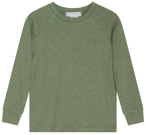 Kids’ Rib Solid Raglan Tee by Serendipity, featuring long sleeves and a crew neck, crafted from soft, heathered olive green organic cotton fabric that is GOTS certified for sustainability, shown laid flat on a white background.