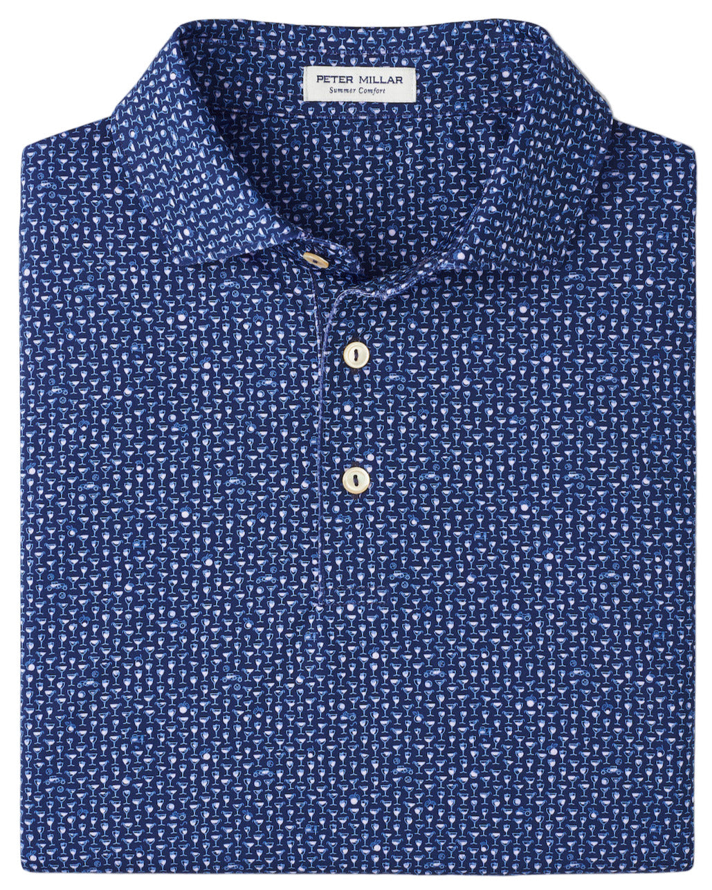 A Sidecar Performance Jersey Polo by Peter Millar, blue with a pattern, four-way stretch, white buttons, UPF 50+ protection, and an inside collar label.