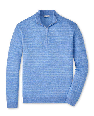 The Peter Millar Saratoga Striped Quarter-Zip Sweater is a light blue, long-sleeve lightweight sweater with subtle stripes and a quarter-zip collar, shown laid flat on a white background.