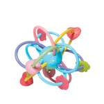The Manhattan Toy Manhattan Ball Boxed is a colorful baby teether toy with interlocking loops and textured, heart-shaped silicone shapes around a blue central rattle sphere.