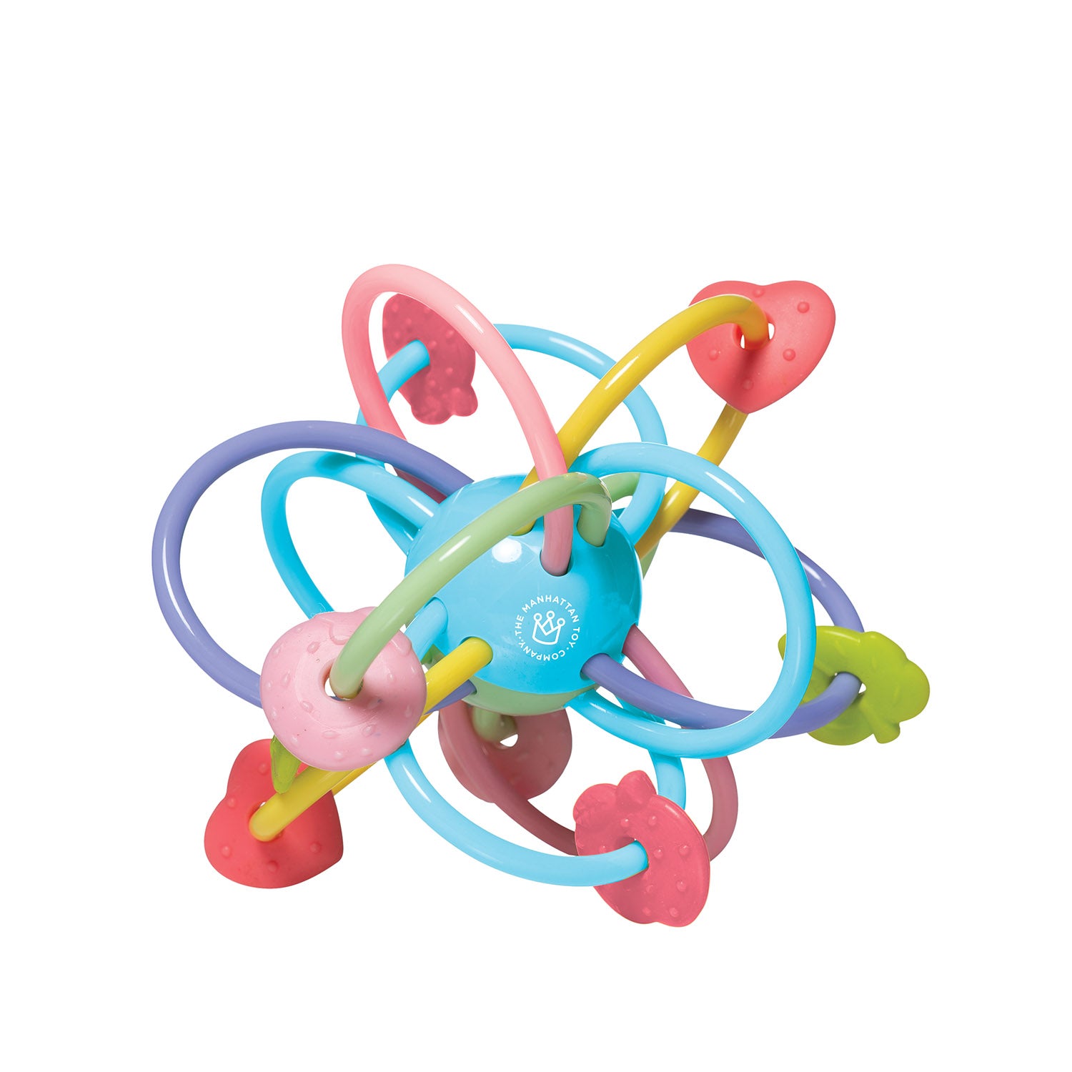 The Manhattan Toy Manhattan Ball Boxed is a colorful baby teether toy with interlocking loops and textured, heart-shaped silicone shapes around a blue central rattle sphere.