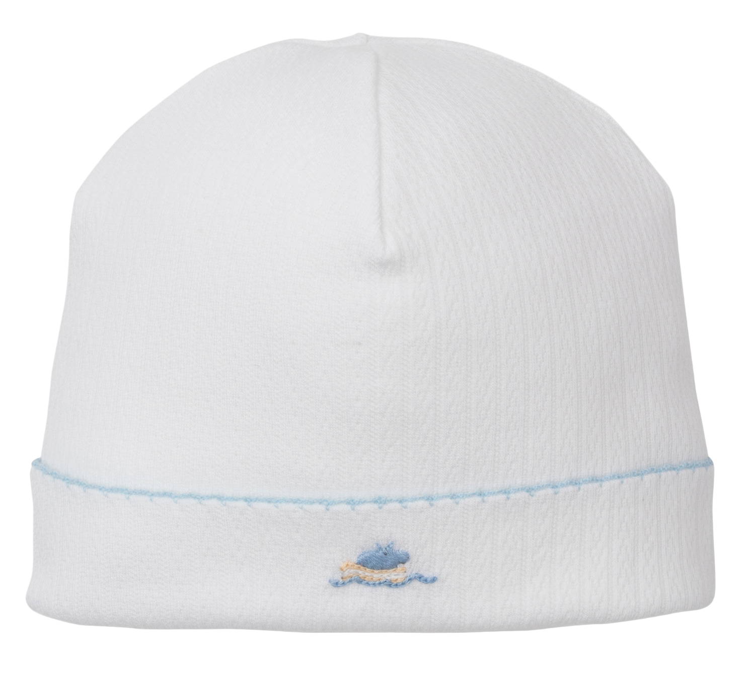 The Kissy Kissy Premier Noah's Ark Hat with Hand Emb. is a plain white Pima cotton baby hat with a folded brim and hand-embroidered blue and yellow boat on the front, part of the Noah's Ark Collection.