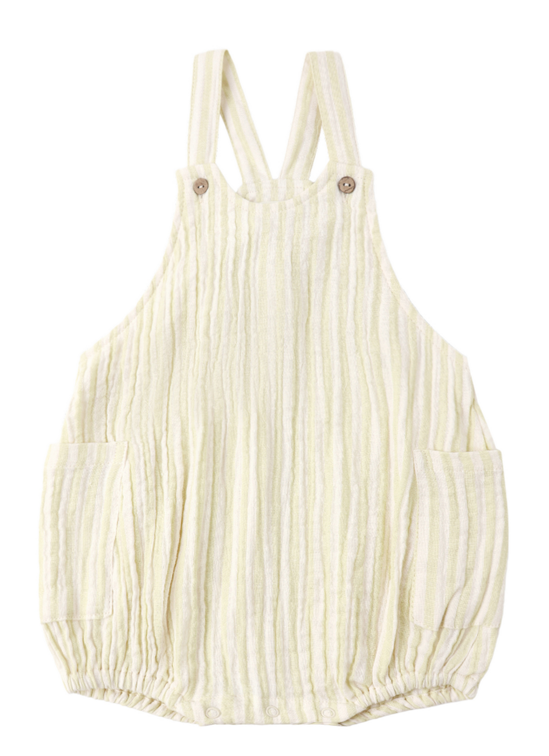 The Rylee & Cru Baby Lou Romper in citron stripe features light yellow and white stripes, adjustable button shoulder straps, two front pockets, and gathered elastic leg openings for a comfy summer style.