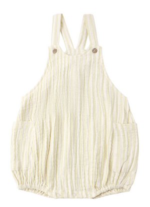 The Rylee & Cru Baby Lou Romper in citron stripe features light yellow and white stripes, adjustable button shoulder straps, two front pockets, and gathered elastic leg openings for a comfy summer style.